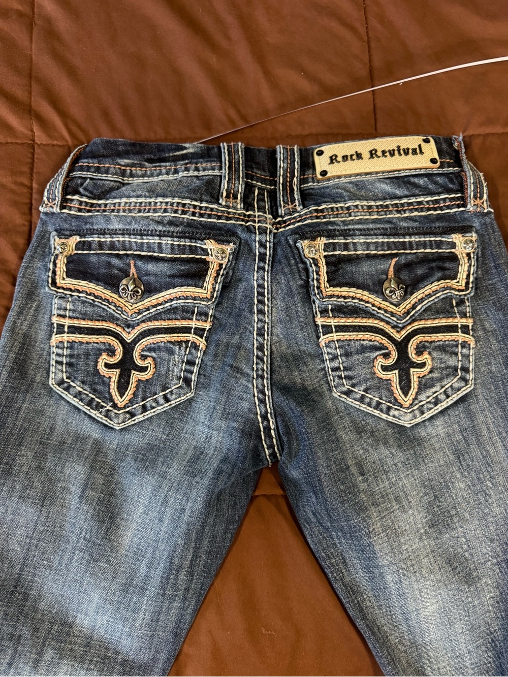 Rock Revival Blue Straight Leg Jeans with Contrast Cream Stitching